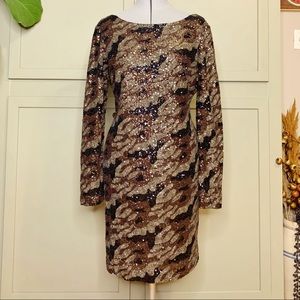 Gianni Bini Sequin Brown Black Tan Silver Long Sleeve Cocktail Mini Dress Large